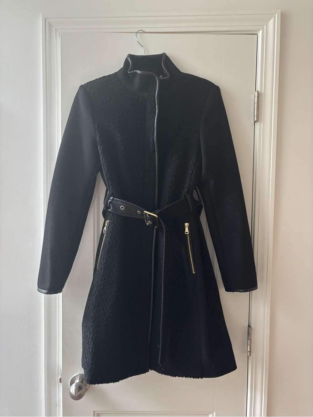 Vince Camuto Black Belted Trench Coat with Gold Hardware